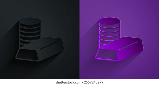 Paper cut Gold coin with gold bars icon isolated on black on purple background. Banking currency sign. Cash symbol. Paper art style. Vector