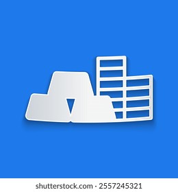 Paper cut Gold coin with gold bars icon isolated on blue background. Banking currency sign. Cash symbol. Paper art style. Vector