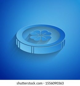 Paper cut Gold coin with four leaf clover icon isolated on blue background. Happy Saint Patricks day. Paper art style. Vector Illustration