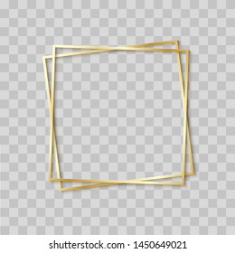 Paper cut gold frame with realistic shadow. Two golden inclined square frames lie one on another. Vector card illustration with place for selling advertising text. 3d banner on transparent background.