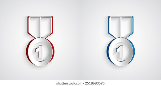 Paper cut Gold medal icon isolated on grey background. Winner symbol. Paper art style. Vector