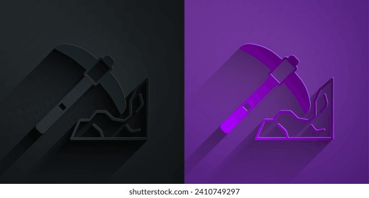 Paper cut Gold mining icon isolated on black on purple background. Paper art style. Vector