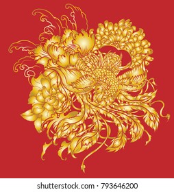 paper cut Gold tribal Phoenix fire bird tattoo.Chinese peacock for tattoo. Traditional Asian tattoo the old dragon vector.