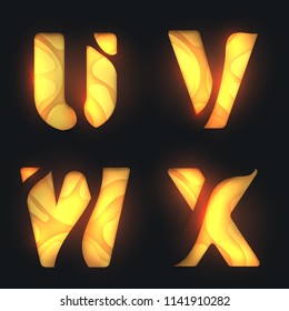 Paper cut golden letter U V W X isolated on black background. Modern 3d design for advertising, branding greeting card, cover, poster, banner. Clear character of alphabet font. Vector illustration.