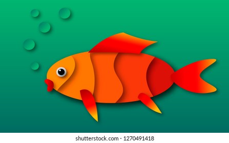 Paper cut goldfish, vector illustration, orange fish on green background, origami style.