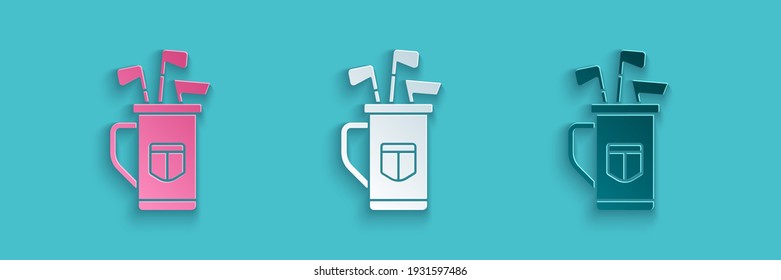 Paper cut Golf bag with clubs icon isolated on blue background. Paper art style. Vector