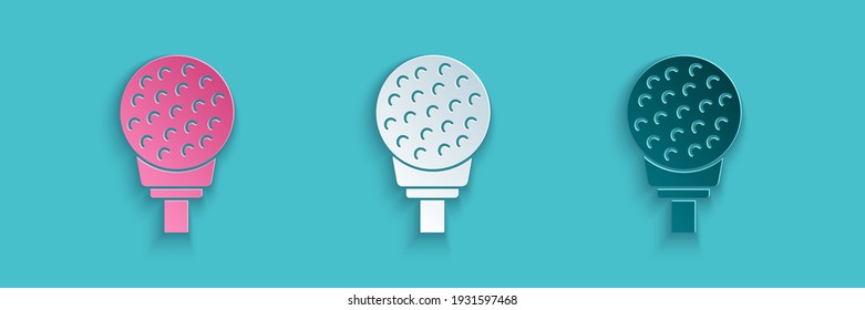 Paper cut Golf ball on tee icon isolated on blue background. Paper art style. Vector