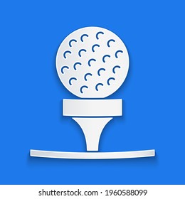 Paper cut Golf ball on tee icon isolated on blue background. Paper art style. Vector