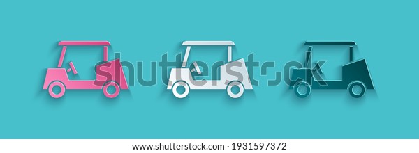 Paper cut Golf car icon isolated on blue\
background. Golf cart. Paper art style.\
Vector