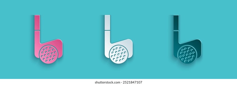 Paper cut Golf club with ball icon isolated on blue background. Paper art style. Vector