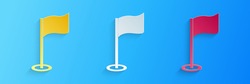 Paper Cut Golf Flag Icon Isolated On Blue Background. Golf Equipment Or Accessory. Paper Art Style. Vector.