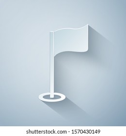 Paper cut Golf flag icon isolated on grey background. Golf equipment or accessory. Paper art style. Vector Illustration