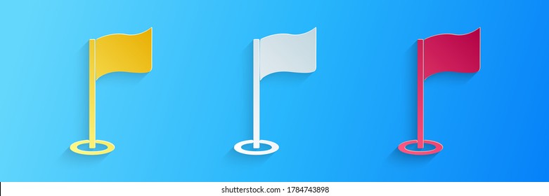 Paper cut Golf flag icon isolated on blue background. Golf equipment or accessory. Paper art style. Vector.