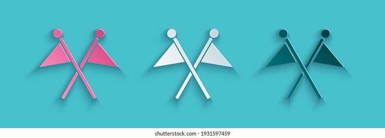 Paper cut Golf flag icon isolated on blue background. Golf equipment or accessory. Paper art style. Vector