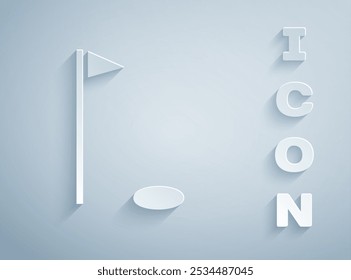 Paper cut Golf flag icon isolated on grey background. Golf equipment or accessory. Paper art style. Vector Illustration