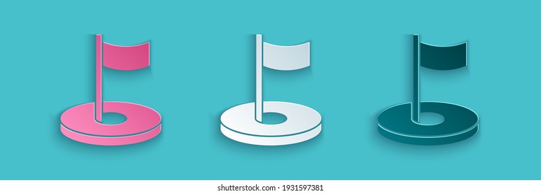 Paper cut Golf hole with flag icon isolated on blue background. Paper art style. Vector