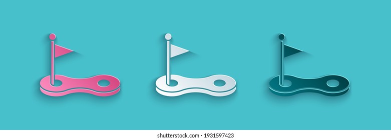 Paper cut Golf hole with flag icon isolated on blue background. Paper art style. Vector