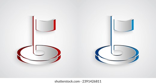 Paper cut Golf hole with flag icon isolated on grey background. Paper art style. Vector