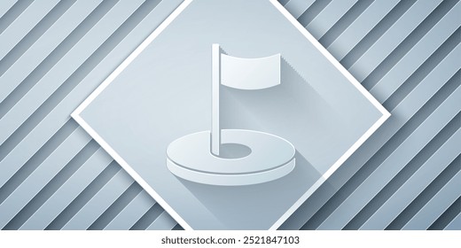 Paper cut Golf hole with flag icon isolated on grey background. Paper art style. Vector