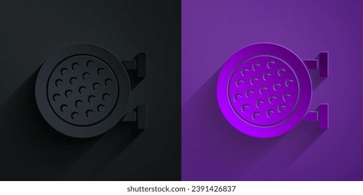 Paper cut Golf sport club icon isolated on black on purple background. Paper art style. Vector