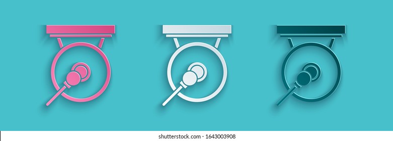 Paper cut Gong musical percussion instrument circular metal disc and hammer icon isolated on blue background. Paper art style. Vector Illustration
