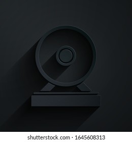 Paper cut Gong musical percussion instrument circular metal disc icon isolated on black background. Paper art style. Vector Illustration