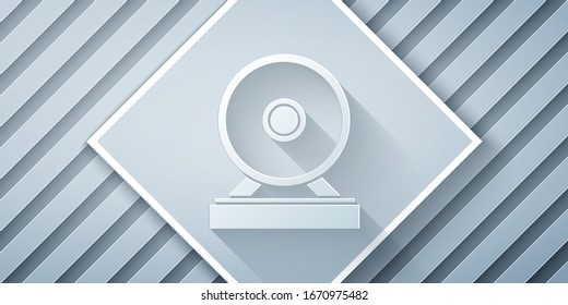 Paper cut Gong musical percussion instrument circular metal disc icon isolated on grey background. Paper art style. Vector Illustration