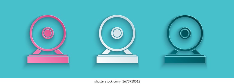 Paper cut Gong musical percussion instrument circular metal disc icon isolated on blue background. Paper art style. Vector Illustration