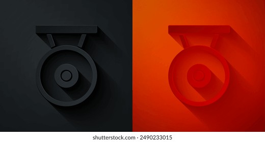 Paper cut Gong musical percussion instrument circular metal disc icon isolated on black and red background. Paper art style. Vector