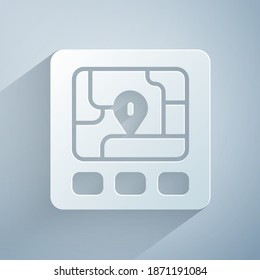 Paper cut Gps device with map icon isolated on grey background. Paper art style. Vector