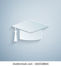 Paper cut Graduation cap icon isolated on grey background. Graduation hat with tassel icon. Paper art style. Vector Illustration
