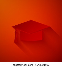 Paper cut Graduation cap icon isolated on red background. Graduation hat with tassel icon. Paper art style. Vector Illustration