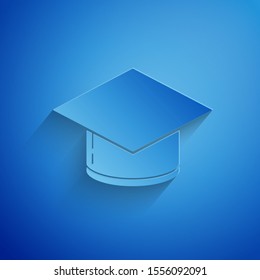Paper cut Graduation cap icon isolated on blue background. Graduation hat with tassel icon. Paper art style. Vector Illustration