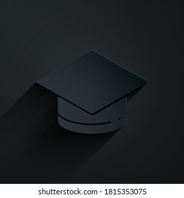 Paper cut Graduation cap icon isolated on black background. Graduation hat with tassel icon. Paper art style. Vector