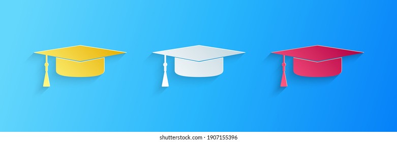 Paper cut Graduation cap icon isolated on blue background. Graduation hat with tassel icon. Paper art style. Vector.