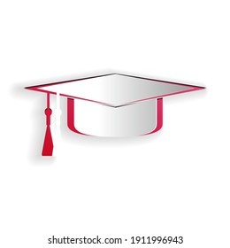 Paper cut Graduation cap icon isolated on white background. Graduation hat with tassel icon. Paper art style. Vector.