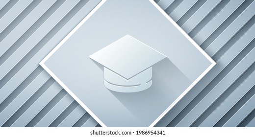 Papier-Schnitt-Graduationskappe Symbol einzeln auf grauem Hintergrund. Graduationsmütze mit Tassel-Symbol. Kunststil aus Papier. Vektorgrafik