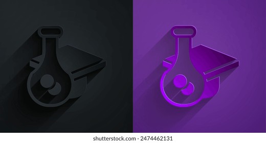 Paper cut Graduation cap icon isolated on black on purple background. Graduation hat with tassel icon. Paper art style. Vector