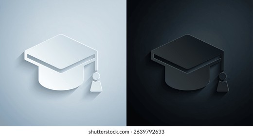 Paper cut Graduation cap icon isolated on grey and black background. Graduation hat with tassel icon. Paper art style. Vector