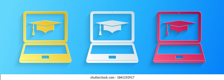 Paper cut Graduation cap and laptop icon. Online learning or e-learning concept icons isolated on blue background. Paper art style. Vector.