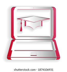 Paper cut Graduation cap and laptop icon. Online learning or e-learning concept icon isolated on white background. Paper art style. Vector.