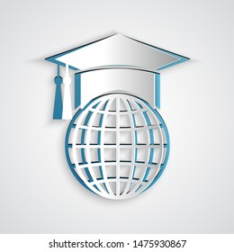 Paper cut Graduation cap on globe icon isolated on grey background. World education symbol. Online learning or e-learning concept. Paper art style. Vector Illustration