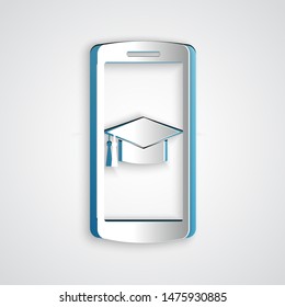 Paper cut Graduation cap on screen smartphone icon isolated on grey background. Online learning or e-learning concept. Paper art style. Vector Illustration