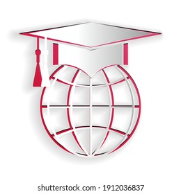 Paper cut Graduation cap on globe icon isolated on white background. World education symbol. Online learning or e-learning concept. Paper art style. Vector.