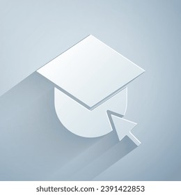 Paper cut Graduation cap on globe icon isolated on grey background. World education symbol. Online learning or e-learning concept. Paper art style. Vector Illustration