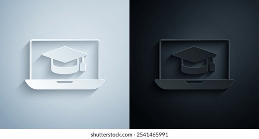 Paper cut Graduation cap on screen laptop icon isolated on grey and black background. Online learning or e-learning concept. Paper art style. Vector