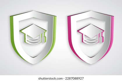 Paper cut Graduation cap with shield icon isolated on grey background. Insurance concept. Security, safety, protection, protect concept. Paper art style. Vector