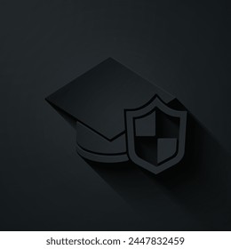 Paper cut Graduation cap with shield icon isolated on black background. Insurance concept. Security, safety, protection, protect concept. Paper art style. Vector