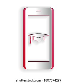 Paper cut Graduation cap and smartphone icon. Online learning or e-learning concept icon isolated on white background. Paper art style. Vector.