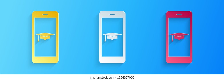 Paper cut Graduation cap and smartphone icon. Online learning or e-learning concept icon isolated on blue background. Paper art style. Vector.